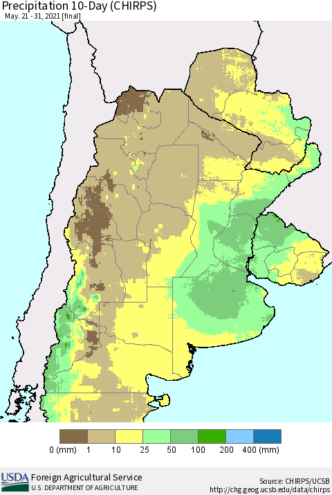 Southern South America Precipitation 10-Day (CHIRPS) Thematic Map For 5/21/2021 - 5/31/2021