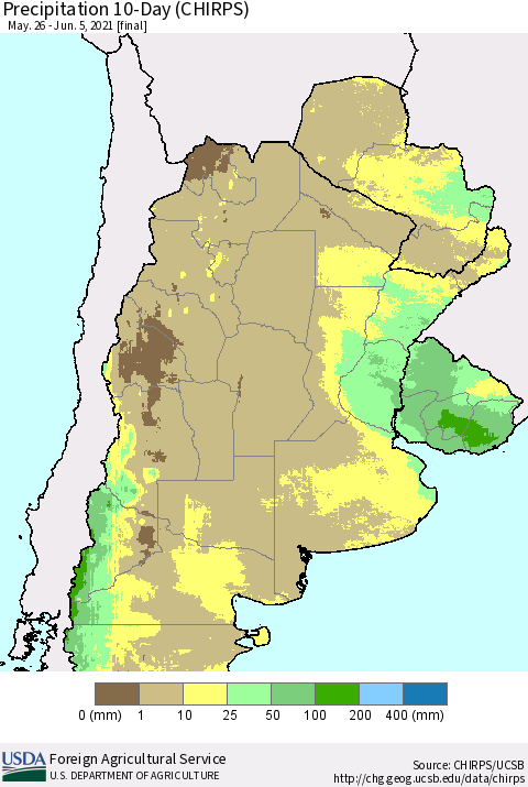 Southern South America Precipitation 10-Day (CHIRPS) Thematic Map For 5/26/2021 - 6/5/2021