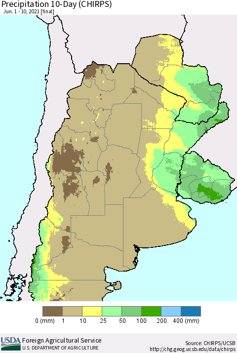 Southern South America Precipitation 10-Day (CHIRPS) Thematic Map For 6/1/2021 - 6/10/2021