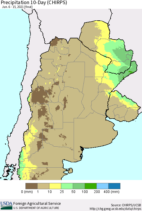 Southern South America Precipitation 10-Day (CHIRPS) Thematic Map For 6/6/2021 - 6/15/2021
