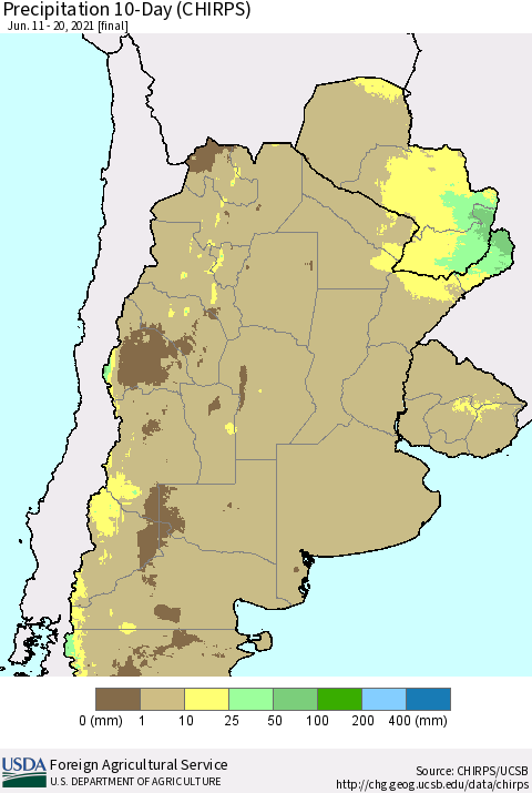 Southern South America Precipitation 10-Day (CHIRPS) Thematic Map For 6/11/2021 - 6/20/2021