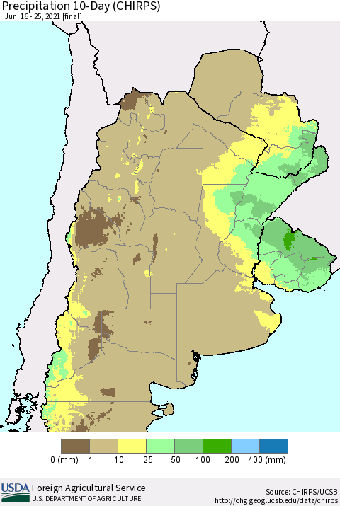 Southern South America Precipitation 10-Day (CHIRPS) Thematic Map For 6/16/2021 - 6/25/2021