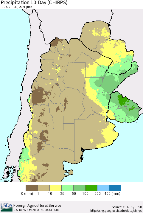 Southern South America Precipitation 10-Day (CHIRPS) Thematic Map For 6/21/2021 - 6/30/2021