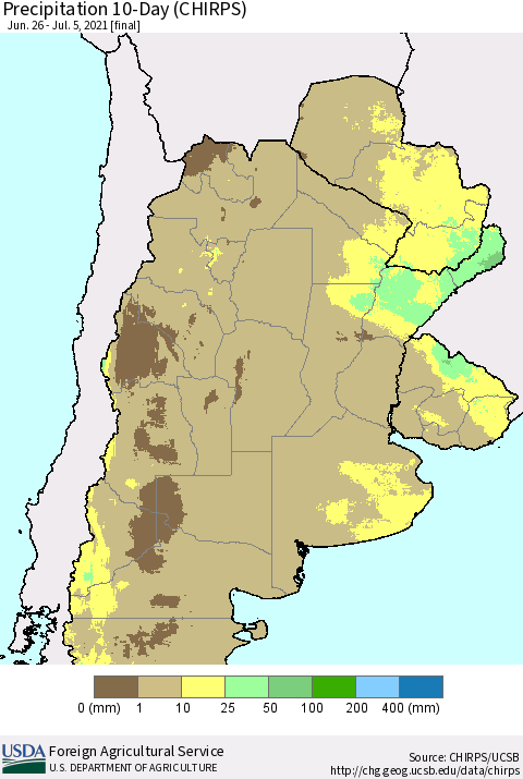 Southern South America Precipitation 10-Day (CHIRPS) Thematic Map For 6/26/2021 - 7/5/2021
