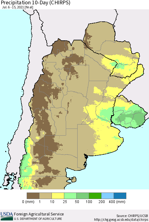 Southern South America Precipitation 10-Day (CHIRPS) Thematic Map For 7/6/2021 - 7/15/2021
