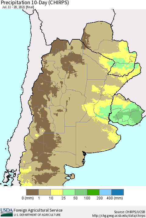 Southern South America Precipitation 10-Day (CHIRPS) Thematic Map For 7/11/2021 - 7/20/2021