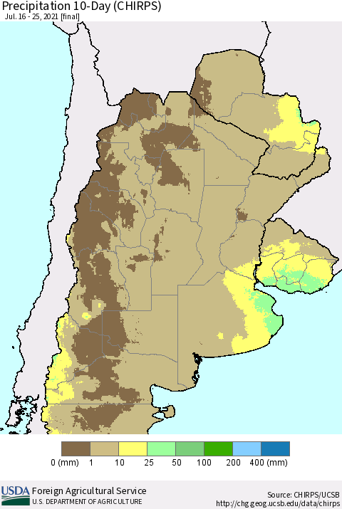 Southern South America Precipitation 10-Day (CHIRPS) Thematic Map For 7/16/2021 - 7/25/2021
