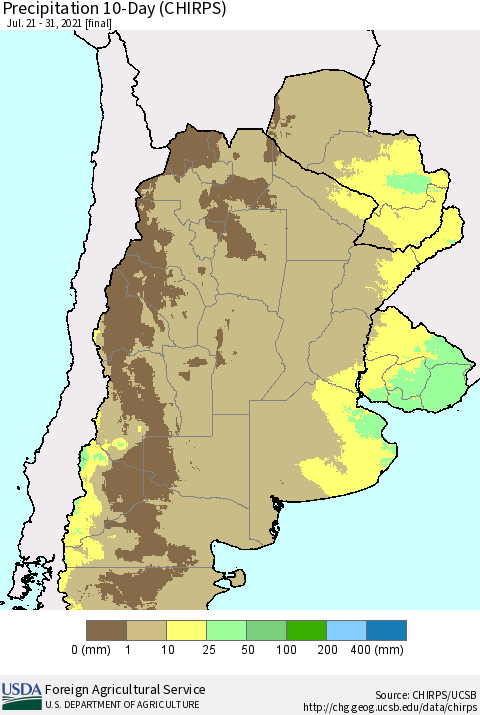 Southern South America Precipitation 10-Day (CHIRPS) Thematic Map For 7/21/2021 - 7/31/2021