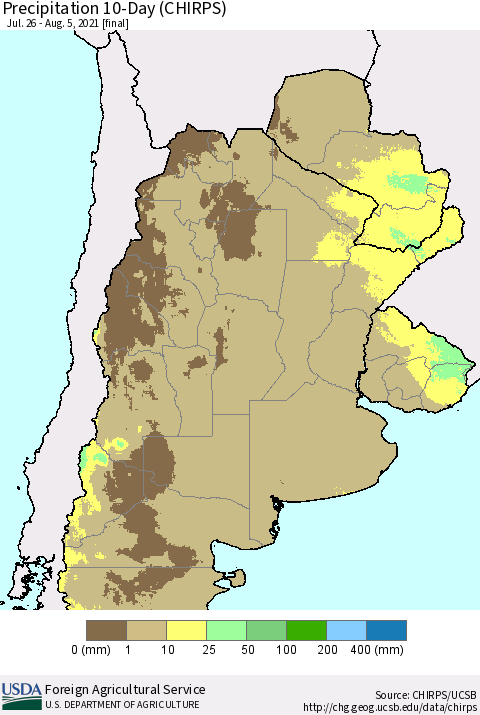 Southern South America Precipitation 10-Day (CHIRPS) Thematic Map For 7/26/2021 - 8/5/2021