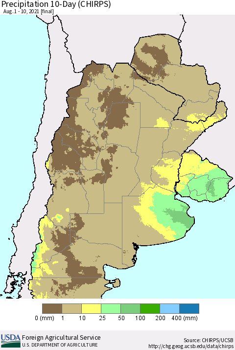 Southern South America Precipitation 10-Day (CHIRPS) Thematic Map For 8/1/2021 - 8/10/2021