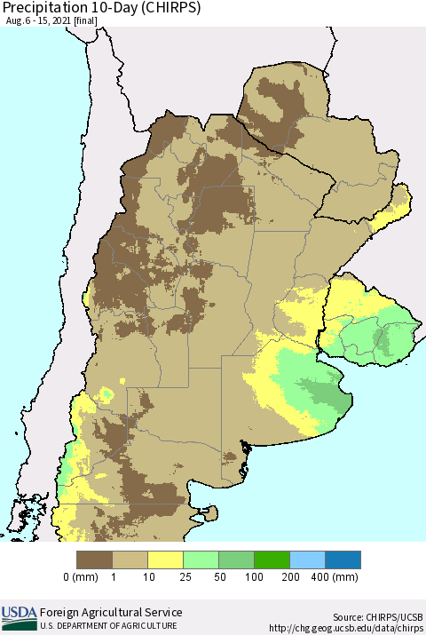 Southern South America Precipitation 10-Day (CHIRPS) Thematic Map For 8/6/2021 - 8/15/2021