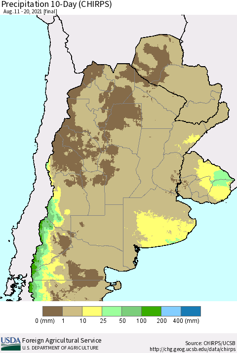 Southern South America Precipitation 10-Day (CHIRPS) Thematic Map For 8/11/2021 - 8/20/2021