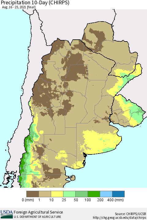 Southern South America Precipitation 10-Day (CHIRPS) Thematic Map For 8/16/2021 - 8/25/2021