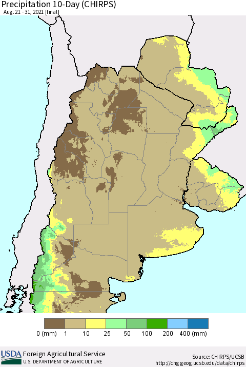 Southern South America Precipitation 10-Day (CHIRPS) Thematic Map For 8/21/2021 - 8/31/2021