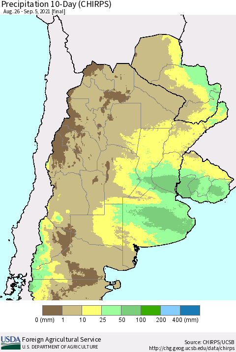 Southern South America Precipitation 10-Day (CHIRPS) Thematic Map For 8/26/2021 - 9/5/2021