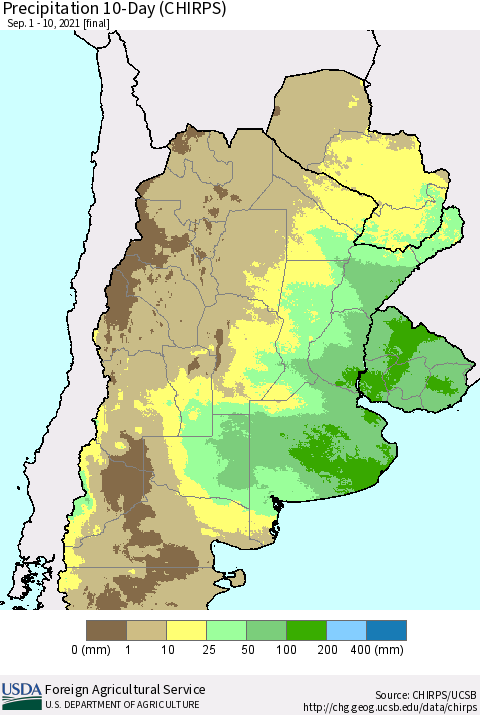 Southern South America Precipitation 10-Day (CHIRPS) Thematic Map For 9/1/2021 - 9/10/2021