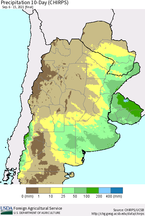 Southern South America Precipitation 10-Day (CHIRPS) Thematic Map For 9/6/2021 - 9/15/2021