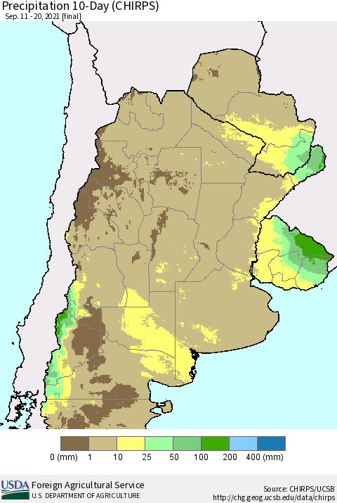 Southern South America Precipitation 10-Day (CHIRPS) Thematic Map For 9/11/2021 - 9/20/2021