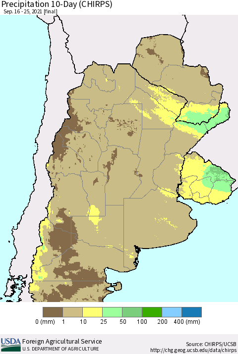 Southern South America Precipitation 10-Day (CHIRPS) Thematic Map For 9/16/2021 - 9/25/2021