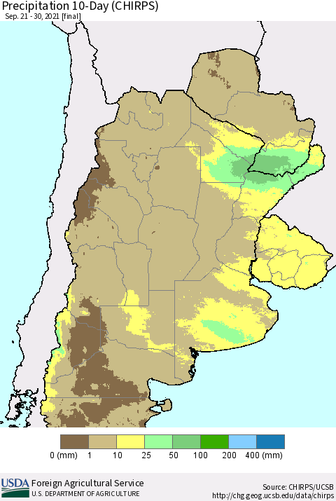 Southern South America Precipitation 10-Day (CHIRPS) Thematic Map For 9/21/2021 - 9/30/2021