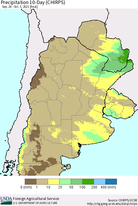 Southern South America Precipitation 10-Day (CHIRPS) Thematic Map For 9/26/2021 - 10/5/2021