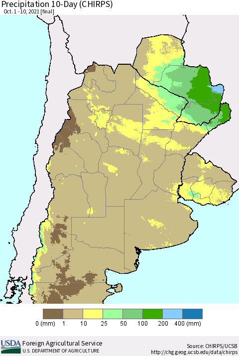 Southern South America Precipitation 10-Day (CHIRPS) Thematic Map For 10/1/2021 - 10/10/2021