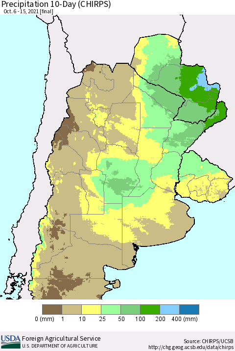 Southern South America Precipitation 10-Day (CHIRPS) Thematic Map For 10/6/2021 - 10/15/2021