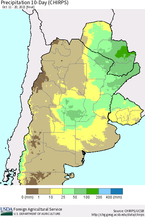 Southern South America Precipitation 10-Day (CHIRPS) Thematic Map For 10/11/2021 - 10/20/2021
