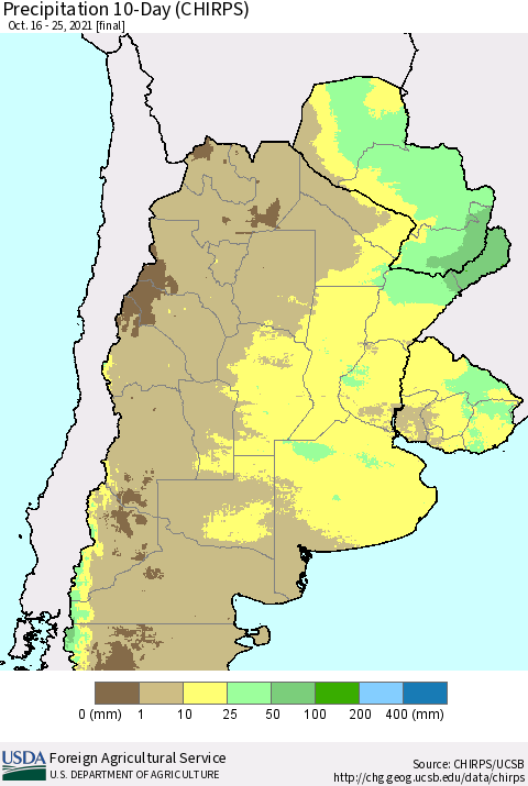 Southern South America Precipitation 10-Day (CHIRPS) Thematic Map For 10/16/2021 - 10/25/2021