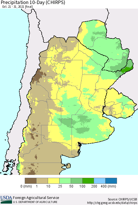 Southern South America Precipitation 10-Day (CHIRPS) Thematic Map For 10/21/2021 - 10/31/2021