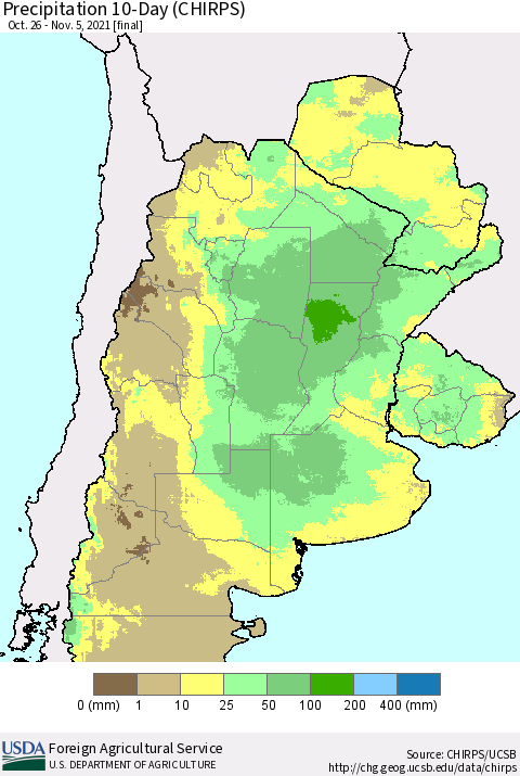 Southern South America Precipitation 10-Day (CHIRPS) Thematic Map For 10/26/2021 - 11/5/2021