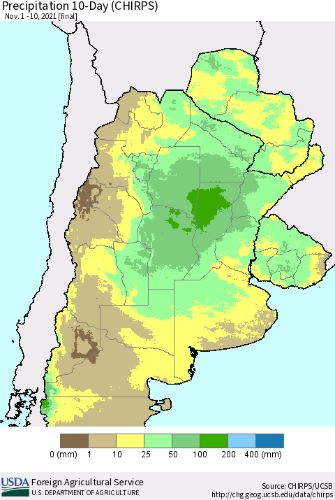 Southern South America Precipitation 10-Day (CHIRPS) Thematic Map For 11/1/2021 - 11/10/2021