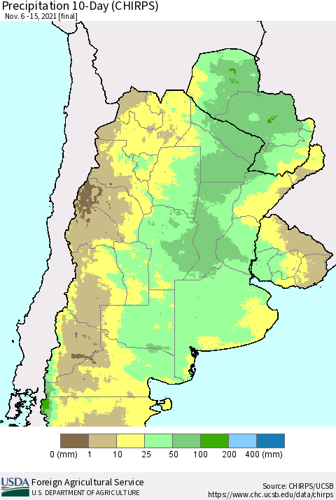 Southern South America Precipitation 10-Day (CHIRPS) Thematic Map For 11/6/2021 - 11/15/2021