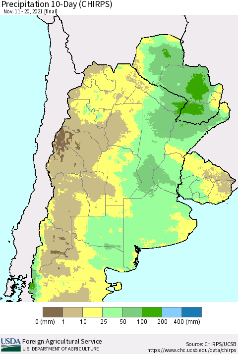 Southern South America Precipitation 10-Day (CHIRPS) Thematic Map For 11/11/2021 - 11/20/2021