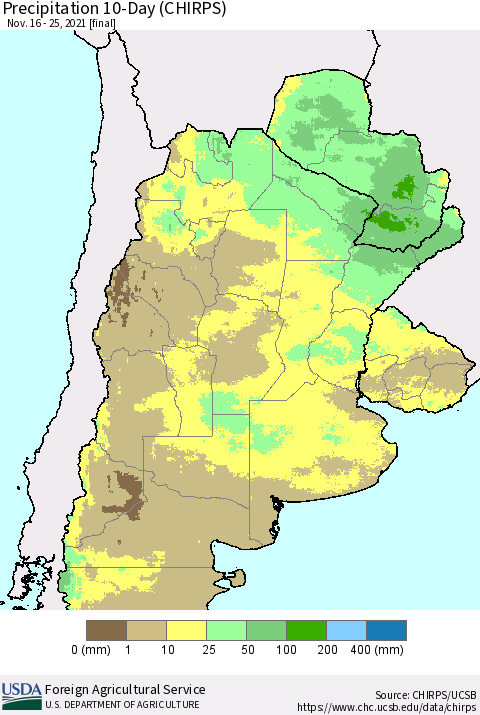 Southern South America Precipitation 10-Day (CHIRPS) Thematic Map For 11/16/2021 - 11/25/2021