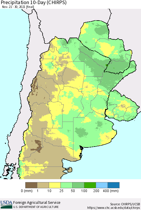 Southern South America Precipitation 10-Day (CHIRPS) Thematic Map For 11/21/2021 - 11/30/2021