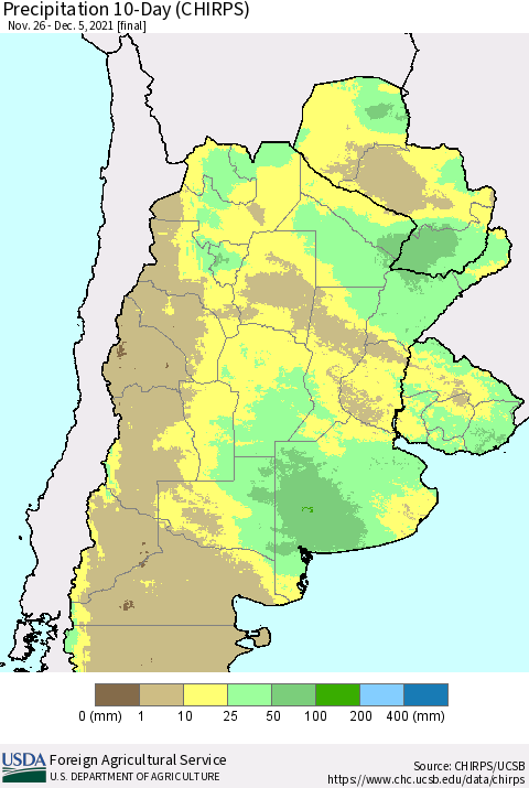 Southern South America Precipitation 10-Day (CHIRPS) Thematic Map For 11/26/2021 - 12/5/2021