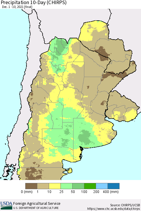 Southern South America Precipitation 10-Day (CHIRPS) Thematic Map For 12/1/2021 - 12/10/2021