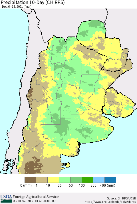 Southern South America Precipitation 10-Day (CHIRPS) Thematic Map For 12/6/2021 - 12/15/2021