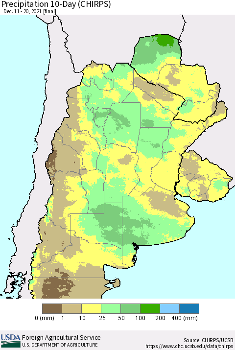 Southern South America Precipitation 10-Day (CHIRPS) Thematic Map For 12/11/2021 - 12/20/2021