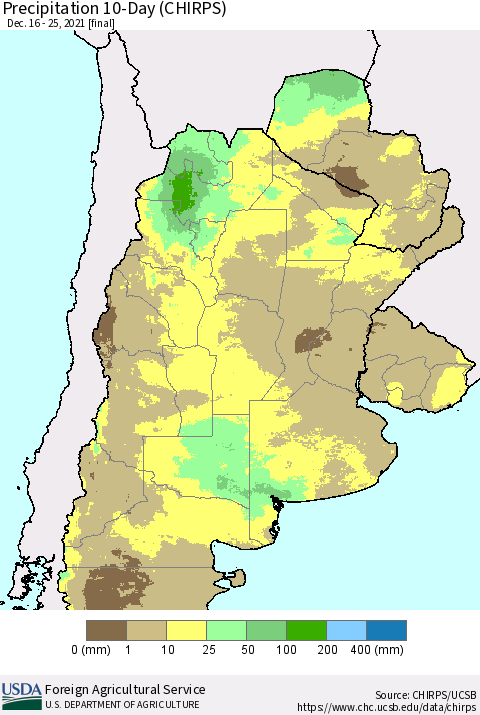Southern South America Precipitation 10-Day (CHIRPS) Thematic Map For 12/16/2021 - 12/25/2021