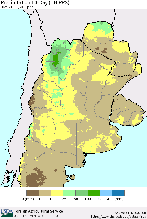 Southern South America Precipitation 10-Day (CHIRPS) Thematic Map For 12/21/2021 - 12/31/2021