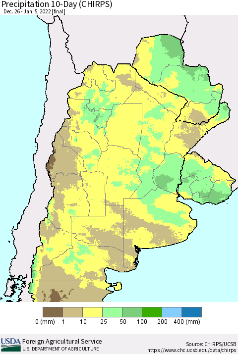 Southern South America Precipitation 10-Day (CHIRPS) Thematic Map For 12/26/2021 - 1/5/2022