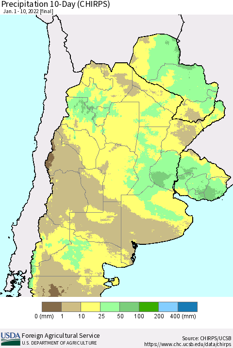 Southern South America Precipitation 10-Day (CHIRPS) Thematic Map For 1/1/2022 - 1/10/2022