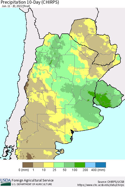 Southern South America Precipitation 10-Day (CHIRPS) Thematic Map For 1/11/2022 - 1/20/2022