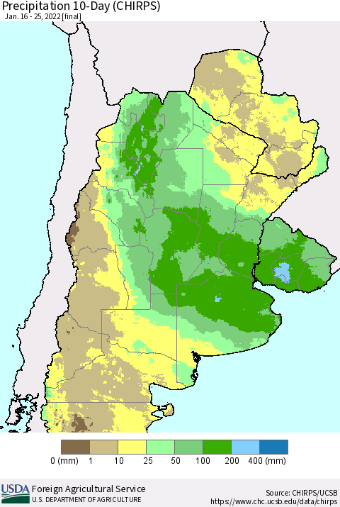 Southern South America Precipitation 10-Day (CHIRPS) Thematic Map For 1/16/2022 - 1/25/2022