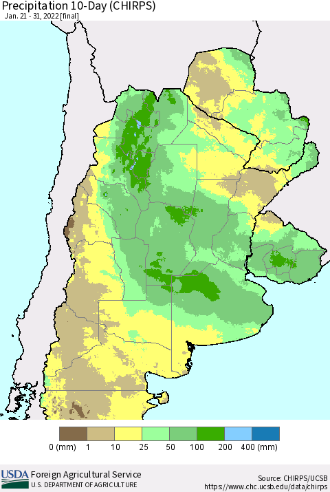 Southern South America Precipitation 10-Day (CHIRPS) Thematic Map For 1/21/2022 - 1/31/2022