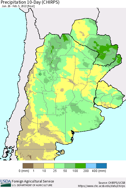 Southern South America Precipitation 10-Day (CHIRPS) Thematic Map For 1/26/2022 - 2/5/2022