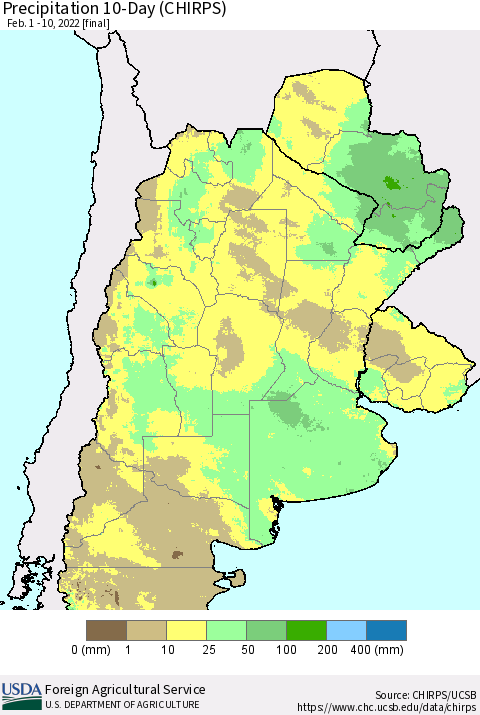 Southern South America Precipitation 10-Day (CHIRPS) Thematic Map For 2/1/2022 - 2/10/2022