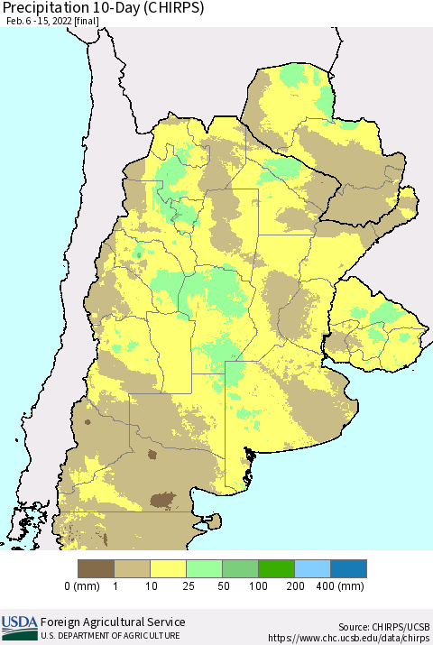 Southern South America Precipitation 10-Day (CHIRPS) Thematic Map For 2/6/2022 - 2/15/2022